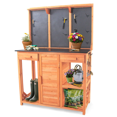 Outdoor Potting Bench,Wooden Potting Table with Metal Tabletop,Garden Work Bench with Drawer and Free Matching Storage Cabinet Shelf/Hooks for Backyard,Patio,Greenhouse (Black, 40 * 59 * 20in)