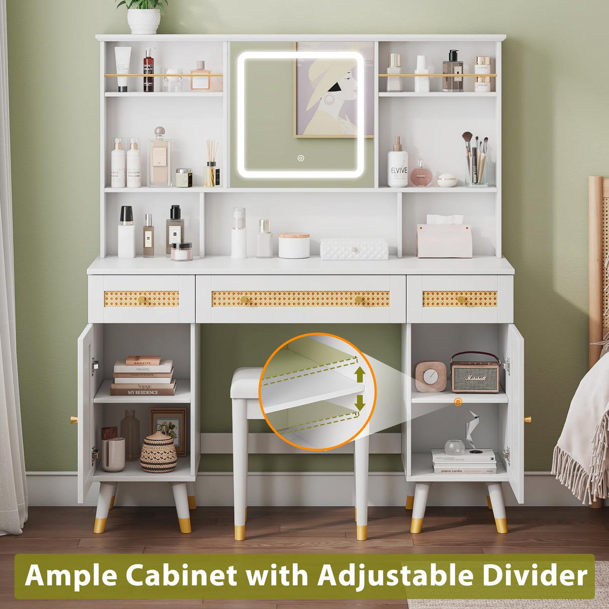 LUXOAK 47" Makeup Vanity Desk with LED Light Mirror & Rattan Design, Vanity Table with Adjustable Large Storage Cabinet for Bedroom Bathroom, Stool Included, White LUXOAK