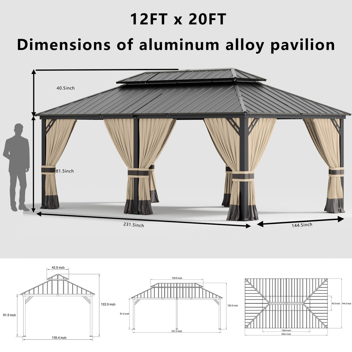 ASJMR 12x20ft Hardtop Gazebo Double Roof, outdoor pavilion with 2-layer hard top galvanized iron frame garden tent, suitable for courtyards, backyards, decks, and grass ASJMR