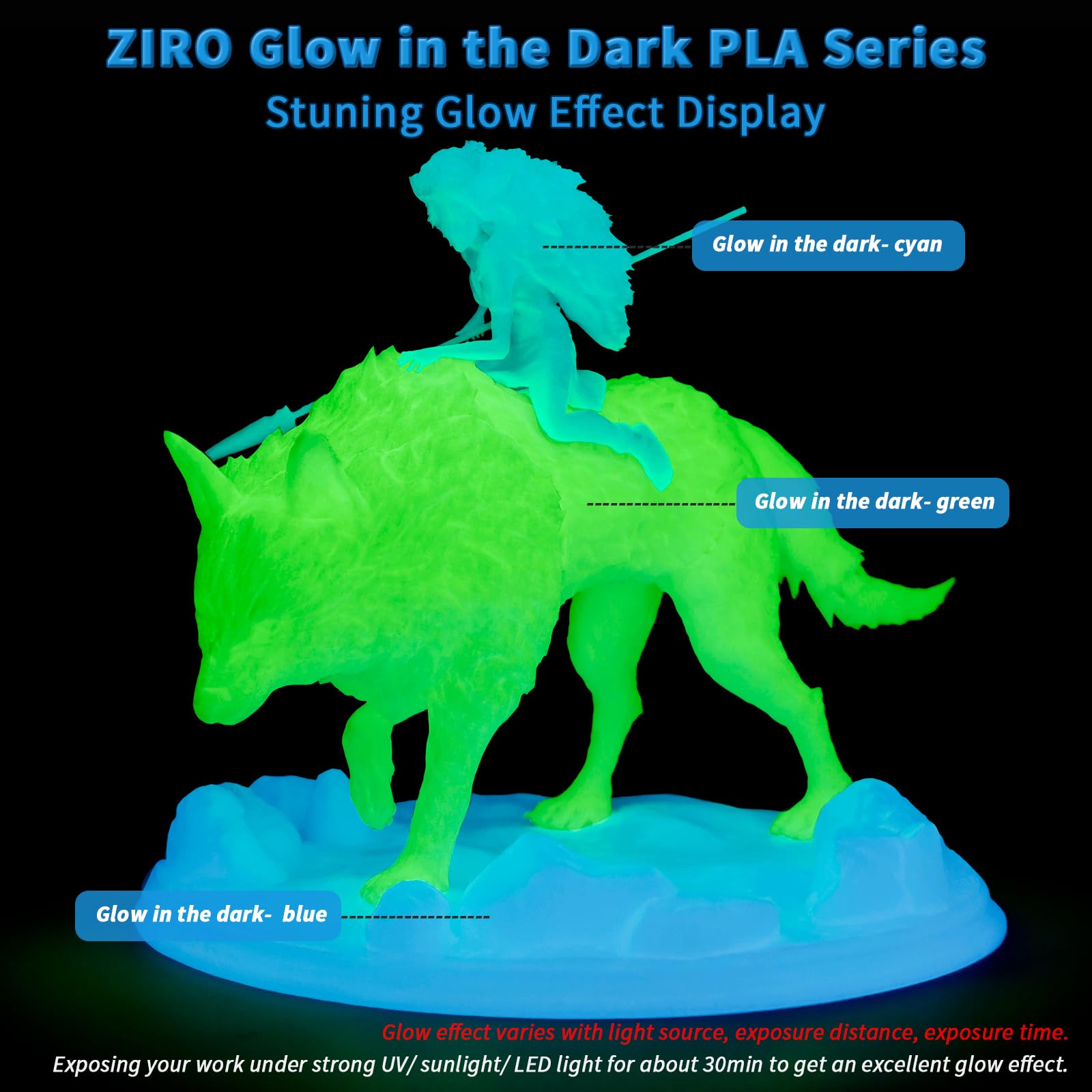 ZIRO Glow in The Dark Filament, PLA Filament 1.75mm, Luminous 3D Printer Filament, Strong Glow Effect 1KG(2.2lbs) Spool, Dimensional Accuracy +/- 0.03mm, Fit Most FDM 3D Printers, Blue - WoodArtSupply