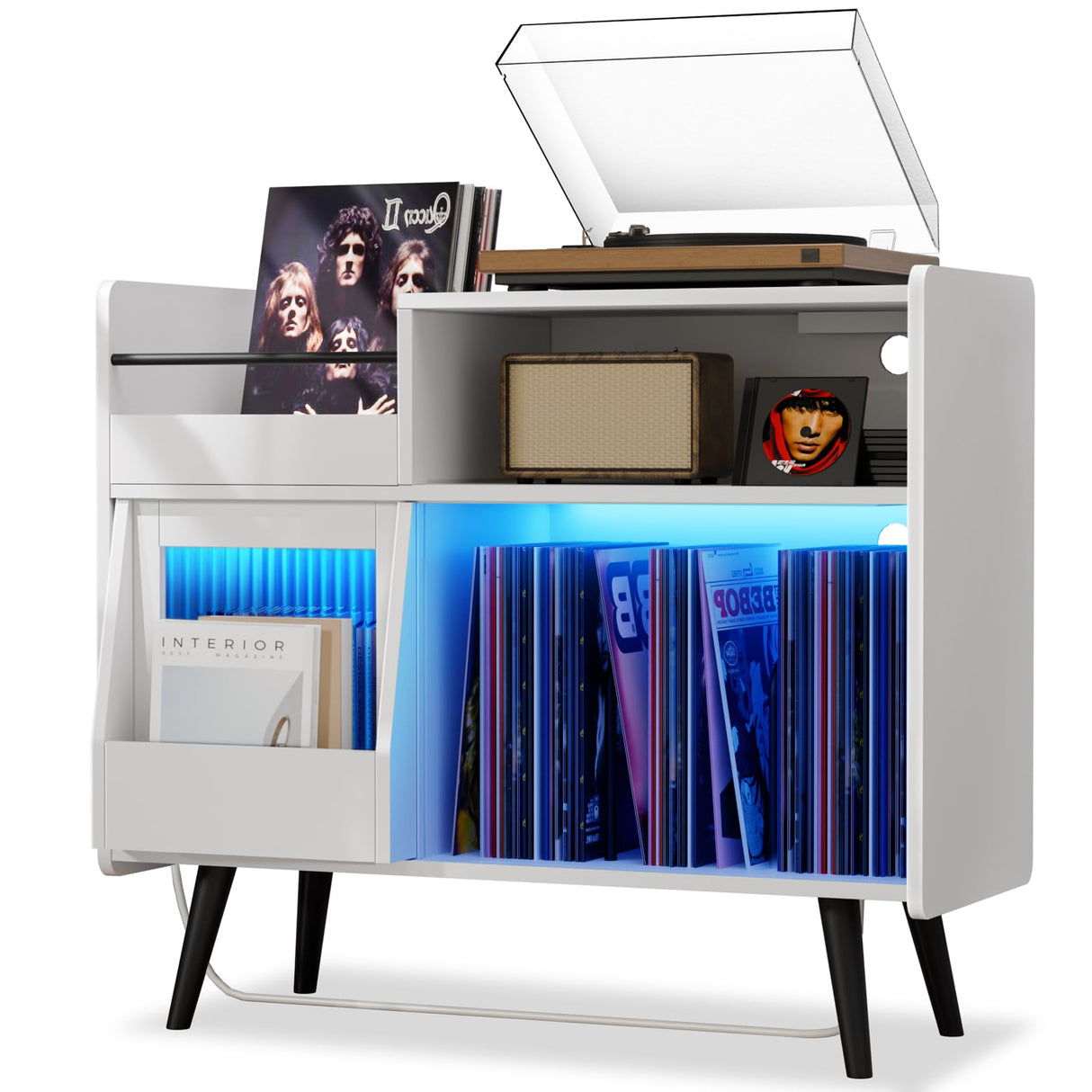 MULEJYBO Large White Record Player Stand with Sliding Door,350 Vinyl Record Storage Cabinet, Record Player Table with Power Outlet and LED Light,Turntable Stand with Wood Legs for Living Room,Office MULEJYBO