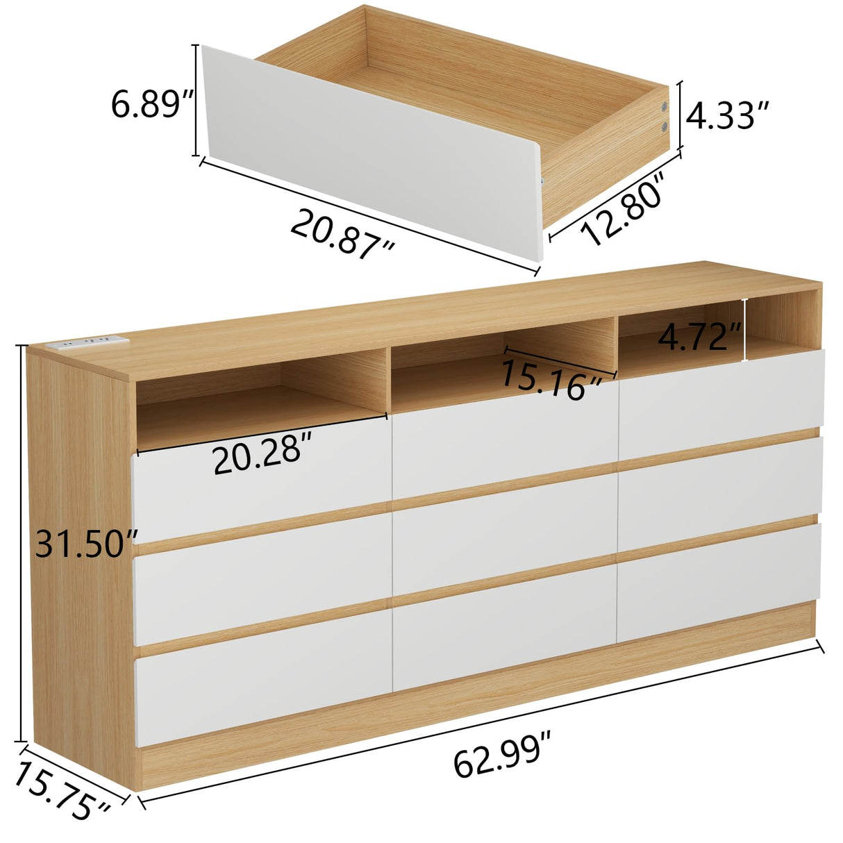 Auromie 6 Drawers Dresser, Double Modern Chest of Drawers with Power Outlet, Dresser TV Stand with Led Light Strip, Drawer Organizer for Bedroom, Living Room, Hallway (Light Walnut + White, 9 Drawer) Auromie