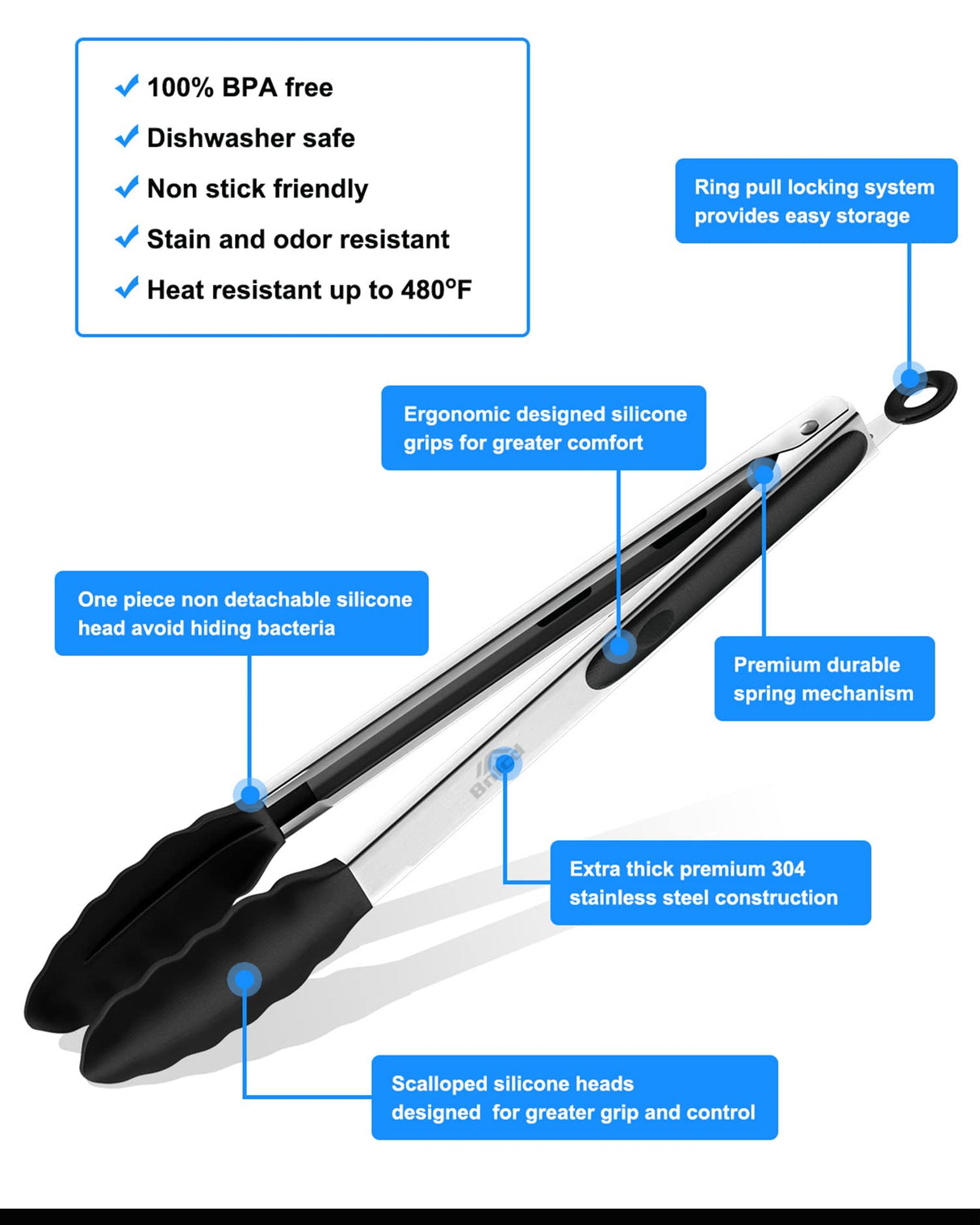 Bnlcd Kitchen Tongs, Premium Stainless Steel Locking Cooking Tongs with Silicone Tips, Non-Slip Food Tongs for Cooking, Heavy Duty, Non-Stick, 480℉, Set of 3-7" 9" and 12" Black Bnlcd