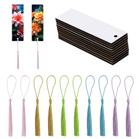 Sublimation Blank Bookmarks 10Pcs Double-Side Heat Transfer Wooden Craft Book Marker with 10Pcs Colorful Silky Tassels for Birthday Wedding Christmas Gift tag Craft Projects (3 * 9.4cm, Rectangle) PPhtony