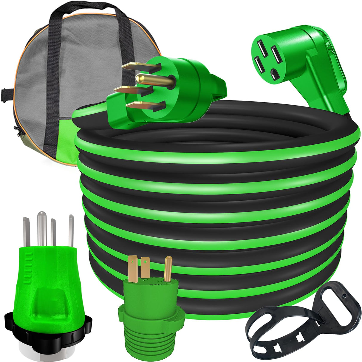 RVPLAN 25 FT 50 Amp RV/EV Extension Cord Outdoor Waterproof,4 Prong Flexible Heavy Duty STW RV Power Cord,NEMA 14-50P/R Standard Plug Suit for EV Charging and RV Trailer Campers, Black-Green,ETL RVPLAN