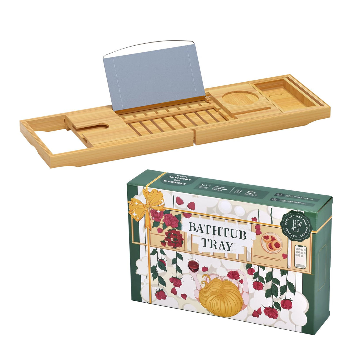 Sen Yi Bao Luxury Bathtub Caddy Tray，Bamboo Bathtub Tray Caddy - Wood Bath Tray Expandable，Can be Placed Book and Integrated Tablet Smartphone and Wine Holder - Gift Idea for Loved Ones Sen Yi Bao