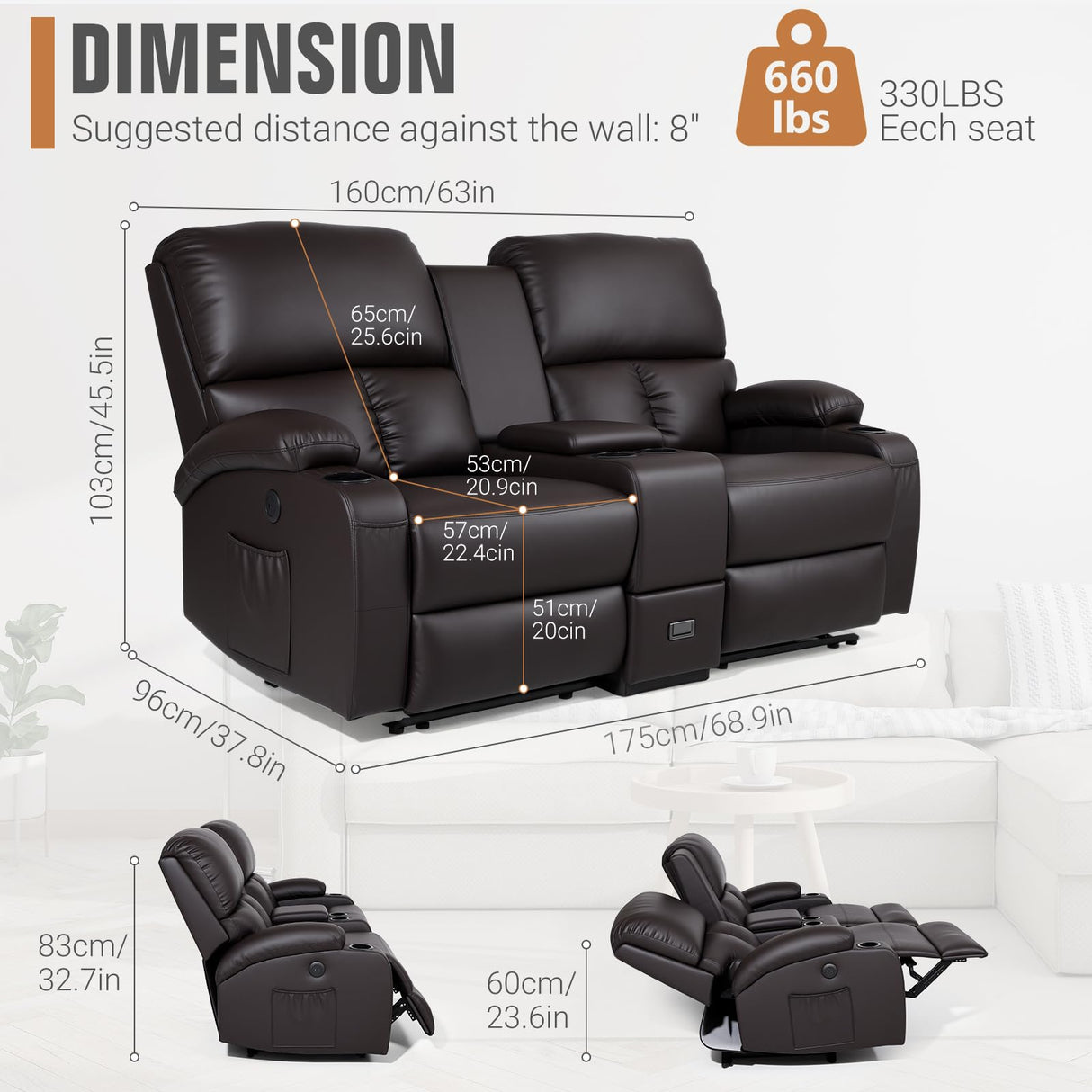 CHABATREE Home Theater Seating,RV Recliner Sofa with Massage and Heat,Manual RV Recliner Loveseat with USB/Cup Holders and Side Pocket for Living Room,Loveseat Brown CHABATREE