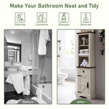 OKD Rustic Oak Tall Linen Tower with Adjustable Shelves and Storage Drawer in Antique White OKD