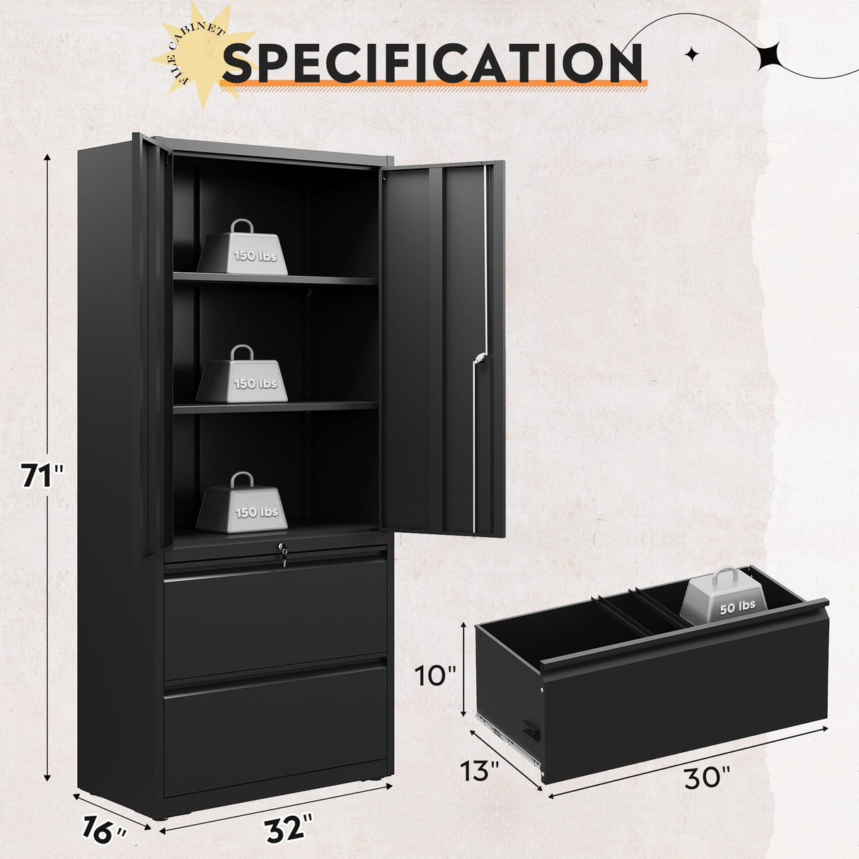 DEVAISE File Cabinet with 2 Drawers and Doors, Locking Metal Storage Cabinet with Adjustable Shelves for Home Office, Warehouse, Garage, School (Black) DEVAISE