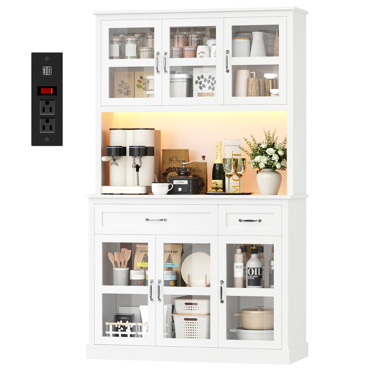 FINETONES 71" Pantry Cabinet with LED Light and Charging Station, Storage Cabinet with Microwave Stand, Kitchen Pantry Hutch Cupboard with Glass Doors and Shelves, White FINETONES