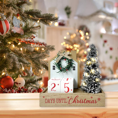 HOMirable Christmas Tree Countdown Block LED Lighted 99 Days Until Christmas Wreath Calendar Tabletop Number Date Rustic Wooden Home Decor Holiday Xmas Ornament Desk Decoration Gift