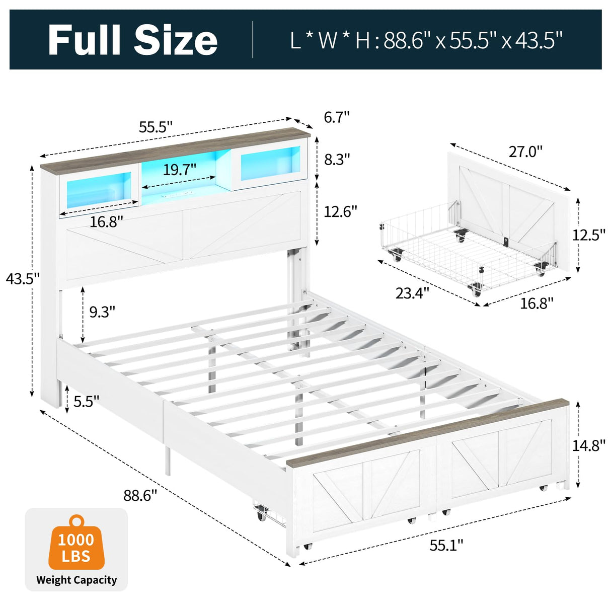 Yoobure Full Size Bed Frame with Headboard, Full Bed Frame with Charging Station, LED Beds with 2 Storage Drawers, Wood Farmhouse Bedframe, Noise-Free and No Box Spring Needed, White Yoobure