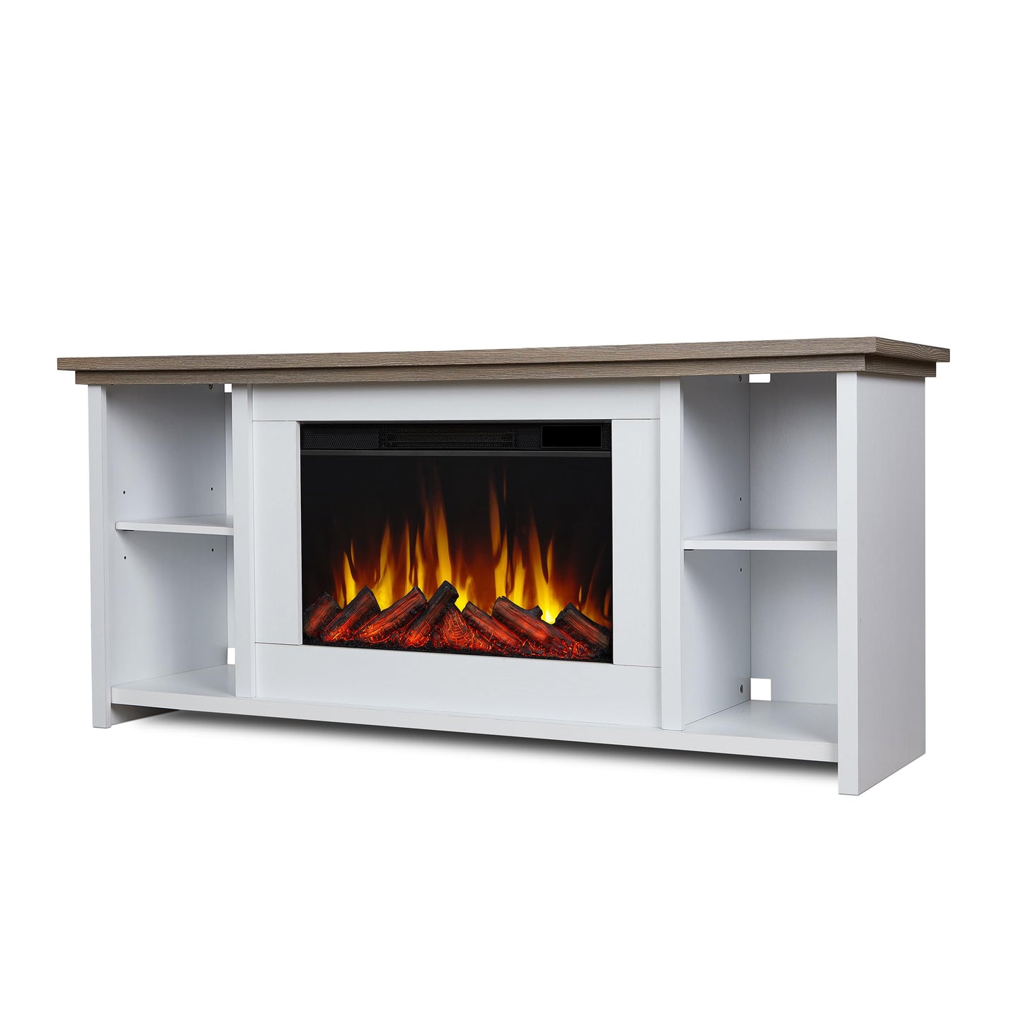 Real Flame Tramore 62" Slim Electric Fireplace TV Stand for TVs up to 60 inches, Entertainment center with adjustable shelves and storage, TV Stand for Living Room and Bedroom, Remote control, White