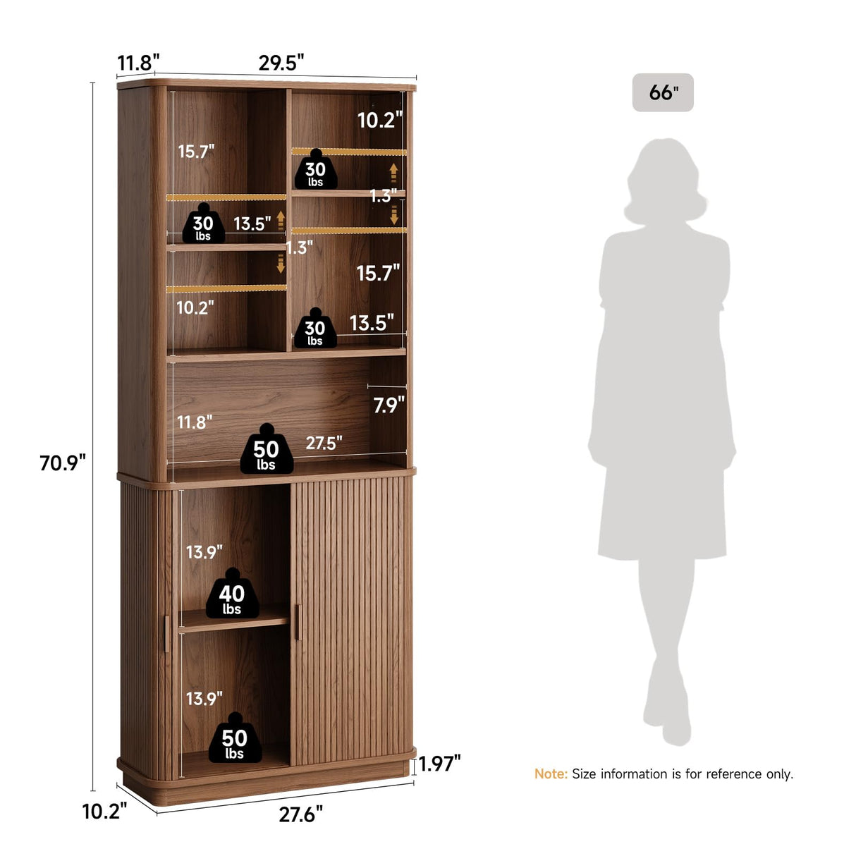 ONBRILL 71" Tall Cube Bookcase, Curved Bookshelf with Storage Cabinet & Adjustable Storage Shelf, Freestanding Wood Bookcase with Sliding Door & Sturdy Pedestal, for Home Office, Living Room, Walnut ONBRILL