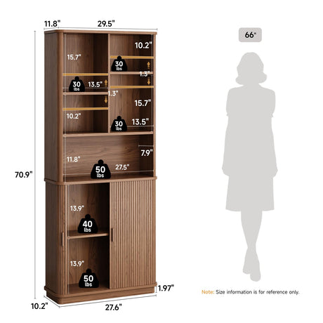 ONBRILL 71" Tall Cube Bookcase, Curved Bookshelf with Storage Cabinet & Adjustable Storage Shelf, Freestanding Wood Bookcase with Sliding Door & Sturdy Pedestal, for Home Office, Living Room, Walnut ONBRILL