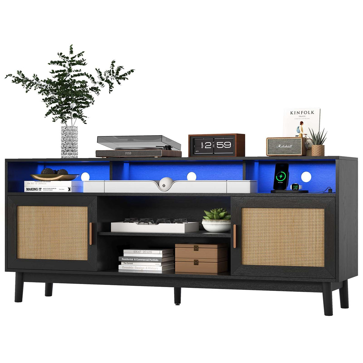 UPOSOJA TV Stand for 75 Inch TV Rattan TV Cabinet with Adjustable Shelf Storage, Modern LED Entertainment Center, Boho Media TV Console, Media TV Stands for Living Room Bedroom (Black) UPOSOJA