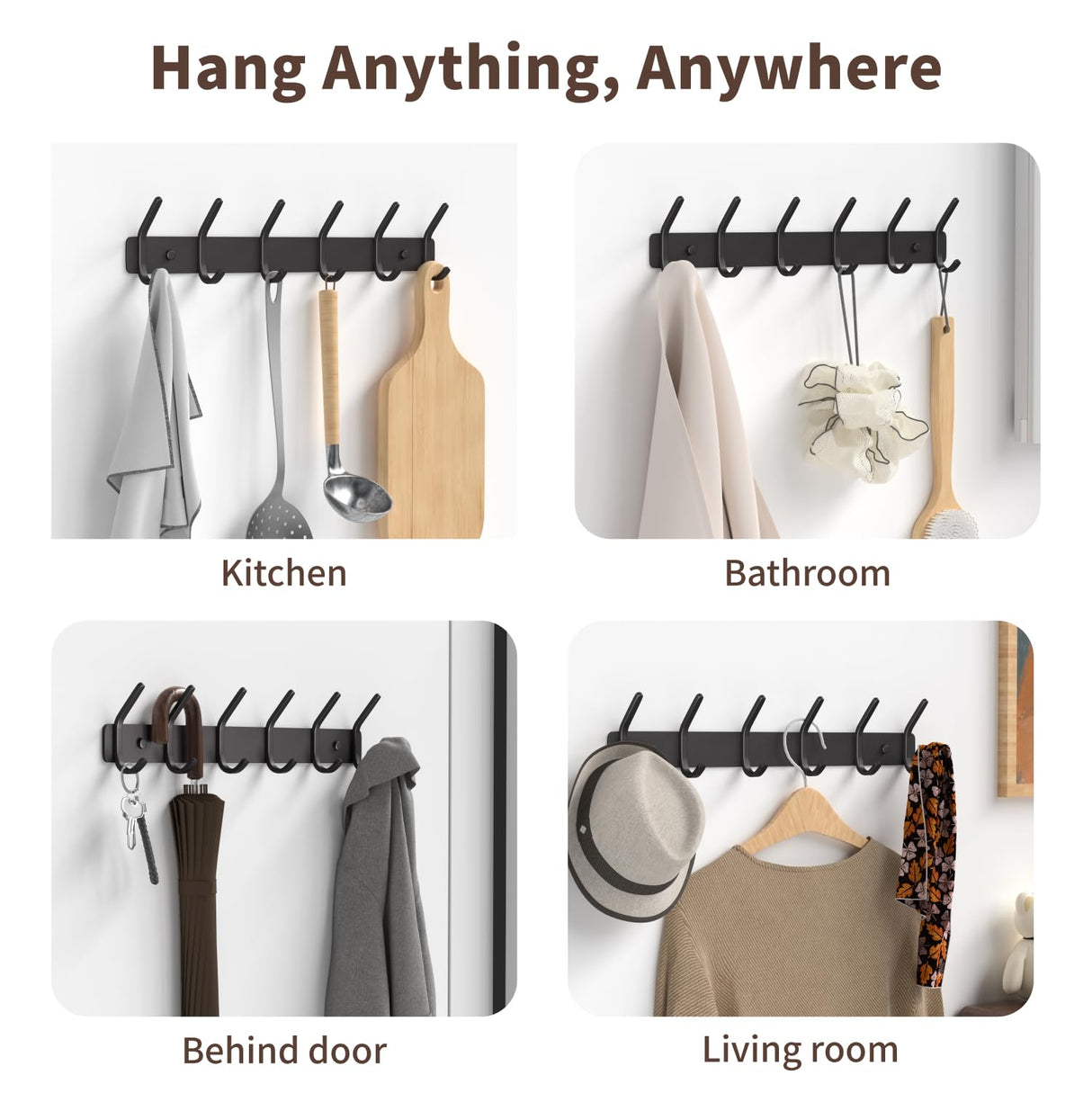 GWAAZXGZ Coat Rack Wall Mount Hooks - 15 Inch Black Hat Rack, Minimalist Design with 6 Hooks for Hanging Coats, Bags, and Towels in Entryway, Livingroom, Bedroom, Bathroom, and Kitchen, 1 Pack GWAAZXGZ