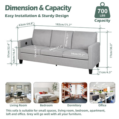 STHOUYN 72" W 3 Person Seater Couch Sofa with USB Ports, Grey Comfy Couches for Small Spaces, Mid Century Modern Gray Couch for Living Room Apartment Bedroom (Light Grey)