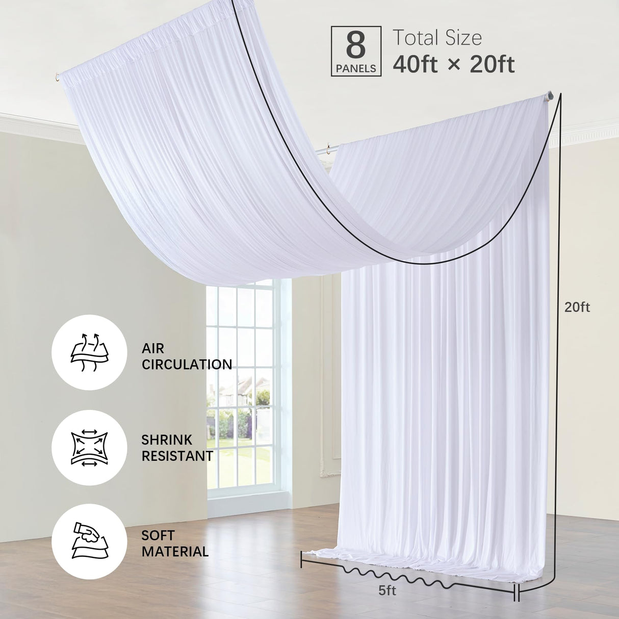 Party Village 40ftx20ft White Ceiling Curtain for Wedding Parties – 8 Panels Wrinkle-Free 20 FT Long Tent Draping Curtains for Wedding, Birthday & Theme Parties, 20ft Height with Rod Pocket Party Village