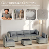 XTWEEX 7-Piece Modular Outdoor Sectional Wicker Patio Conversation Set with Glass-Top Coffee Table, All-Weather Rattan and Cushion Fabric – Gray/Gray XTWEEX