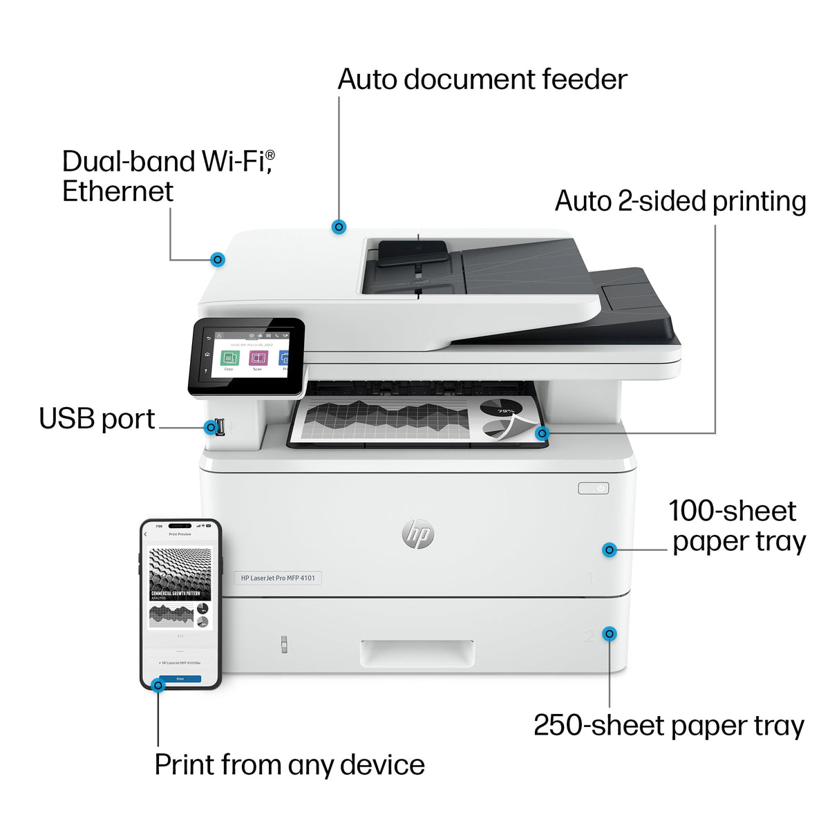 HP LaserJet Pro MFP 4101fdw Wireless Black & White All-in-One Laser Printer, Scanner, Copier, Fax, Best-for-Office (2Z619F) HP