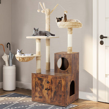 Timberer Litter Box Enclosure with Cat Tree, Wooden Cat House with Cat Tree Tower, Hidden Cat Litter Box Furniture with Scratching Post, Modern Cat Condo, Rustic Brown - WoodArtSupply