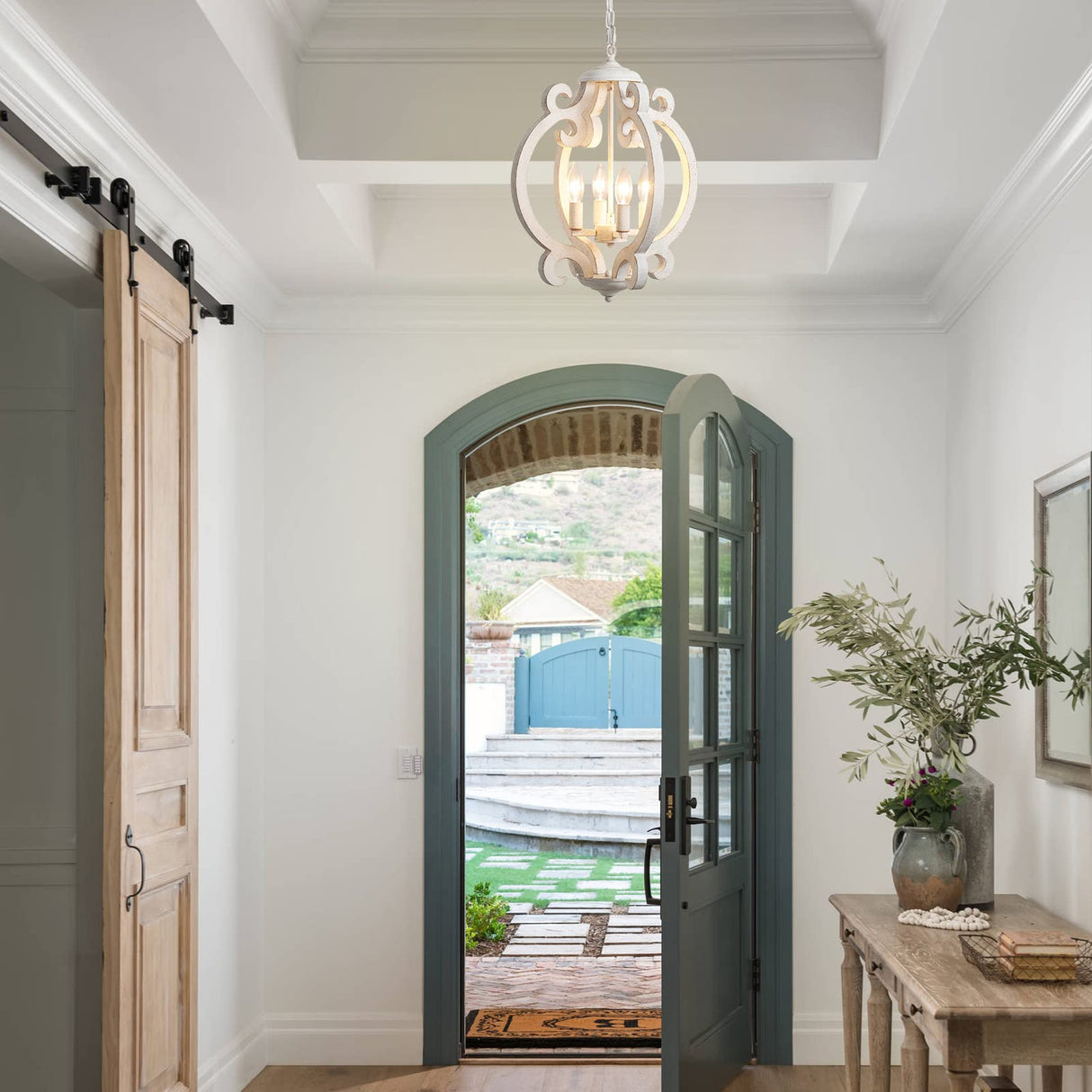 ALISADABOY Dining Room Chandelier Farmhouse Rustic White Wood Light Fixture Antique Orb Pendant Lighting for Kitchen Island Living Room Bedroom Entryway Foyer Staircase, 4 Light ALISADABOY