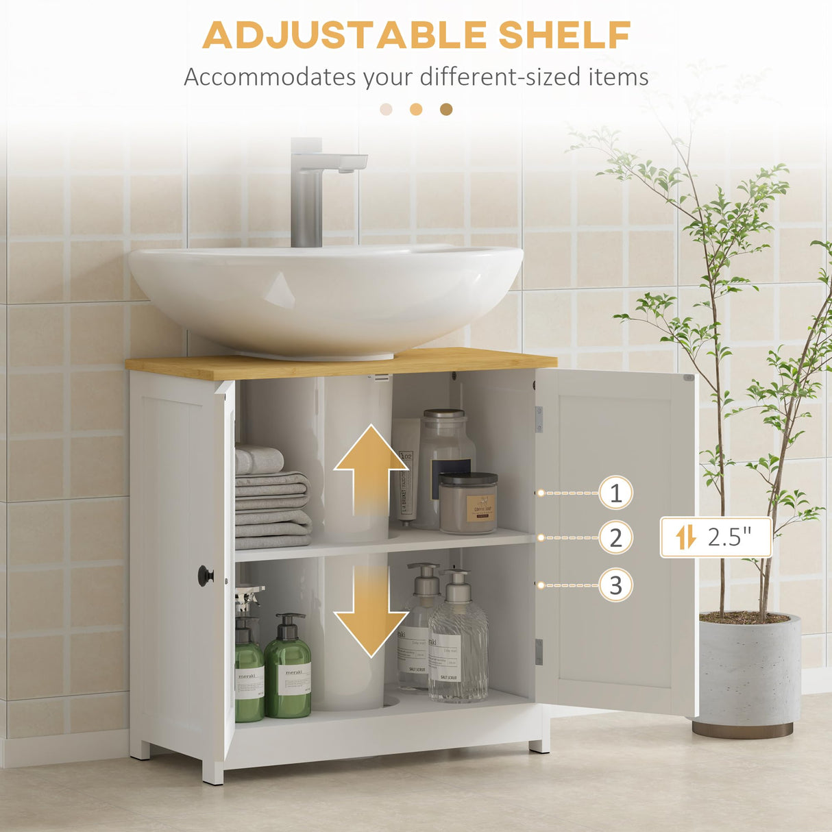 kleankin Modern Bathroom Under Sink Cabinet, Bathroom Vanity for Wall Mount Sink, Storage Cabinet with Double Doors and Adjustable Shelf, White kleankin