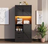 Frmobepts Kitchen Pantry Storage Cabinet with LED Lights and Power Strip, Tall Farmhouse Kitchen Pantry with Barn Doors and Drawers, Adjustable Shelves for Dining Living Room (Black) Frmobepts