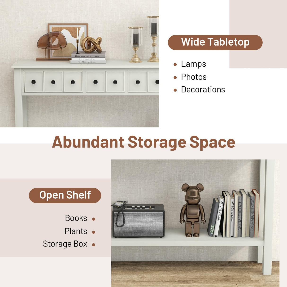 Giantex Narrow Console Table with Storage - 60" Long Sofa Side Table w/ 4 Drawers & Open Shelf, Solid Wood Legs, Rectangular Entry Table, Retro Entryway Table for Living Room Hallway, Foyer (White) Giantex