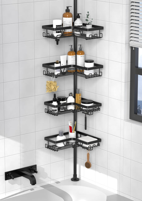 KEGII Corner Shower Caddy Tension Pole - Shower Tension Rod Organizer, Floor to Ceiling Shower Caddy 25-114.2 inch, Towel Rack Corner Waterproof, Black KEGII