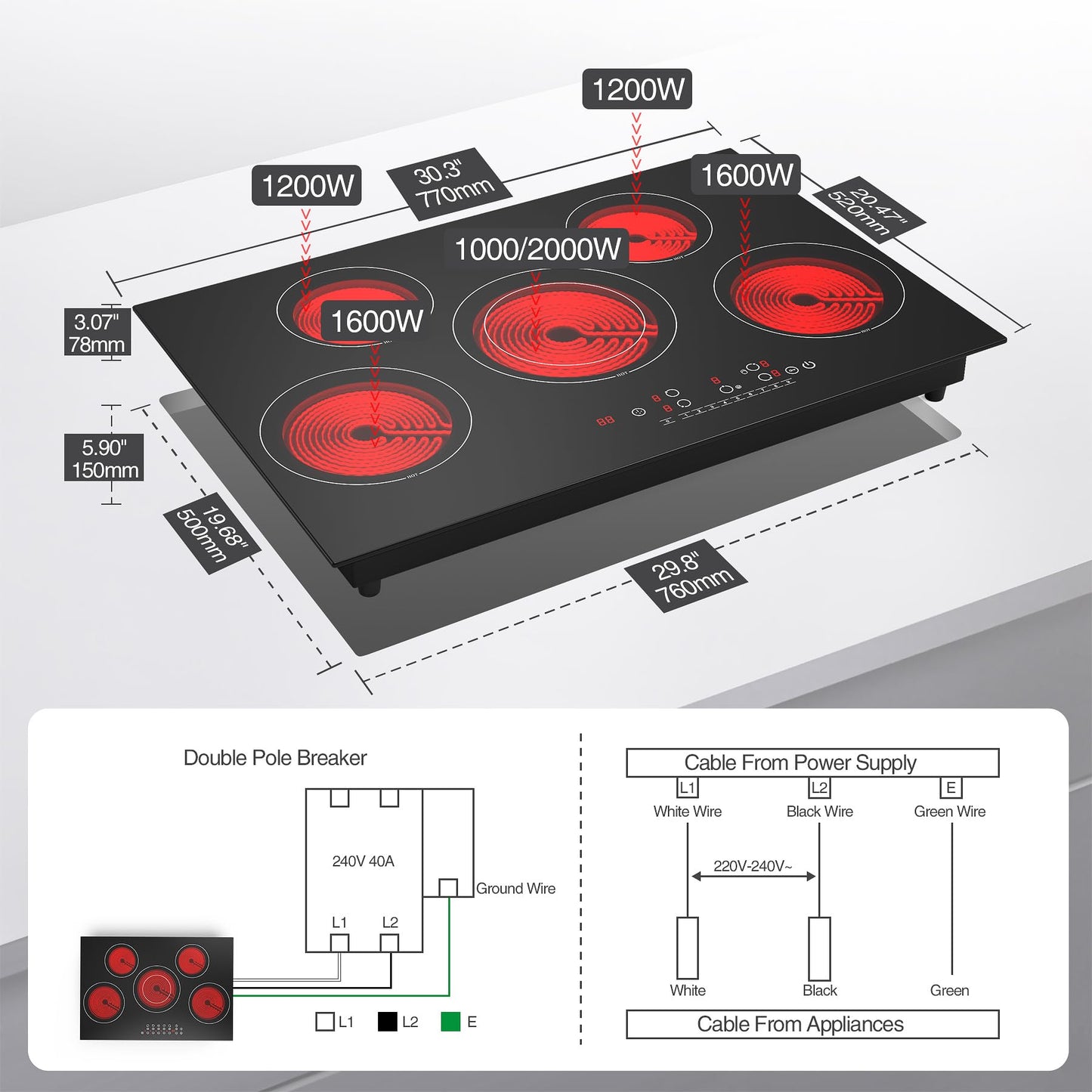 VBGK Electric cooktop 30 inch, 5 burner Electric Stove Built-in and Countertop Electric Stove Top, LED Touch Screen,9 Heating Level, Timer & Kid Safety Lock, 240V 30 inch Electric cooktop