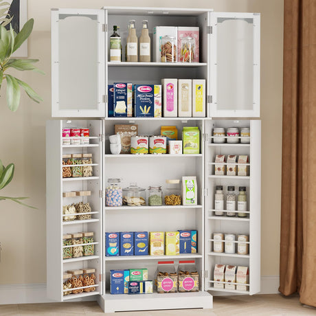 HOME BI 64" Kitchen Pantry Cabinet, Tall Freestanding Pantry with Glass Doors,Wooden Food Pantry Storage Cabinet for Home Kitchen, Dining Room, Living Room, White HOME BI