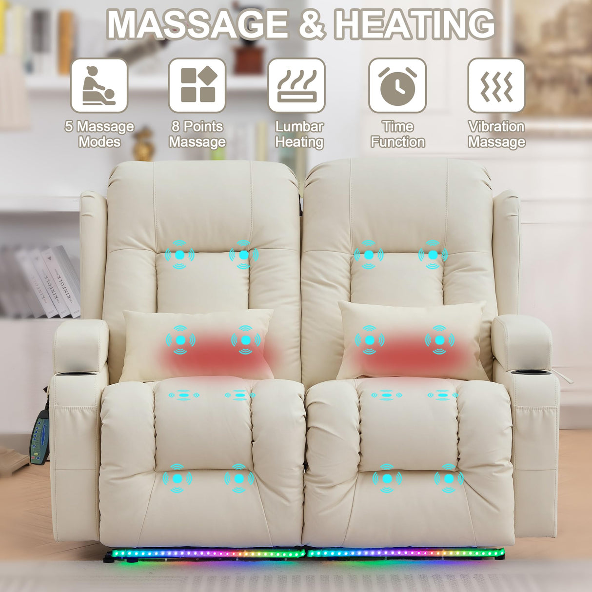 TUNYI Power Loveseat Recliner Sofa - Home Theater Seating with Massage & Heat Faux Leather RV Recliner Loveseat Sofa with USB/Cup Holder/Side Pocket/LED Light/Pillow (Cream White) TUNYI