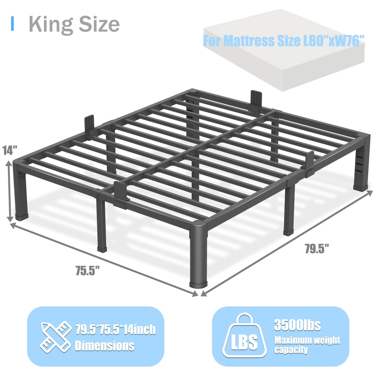 14 inch King Size Bed Frame with Round Corner Legs and Headboard Hole Mattress Slide Stopper 3500 lbs Heavy Duty Metal Platform,Steel Slat Support,No Box Spring Needed,Easy Assembly,Noise Free Yitong Angel