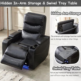 Electric Power Recliner Chair with LED Lights, Home Theater Seating with Swivel Tray Table, Faux Leather Recline Single Sofa Chair for Living Room with Hidden Arm Storage, Cup Holders, Black, 1 Piece Comfort Stretch