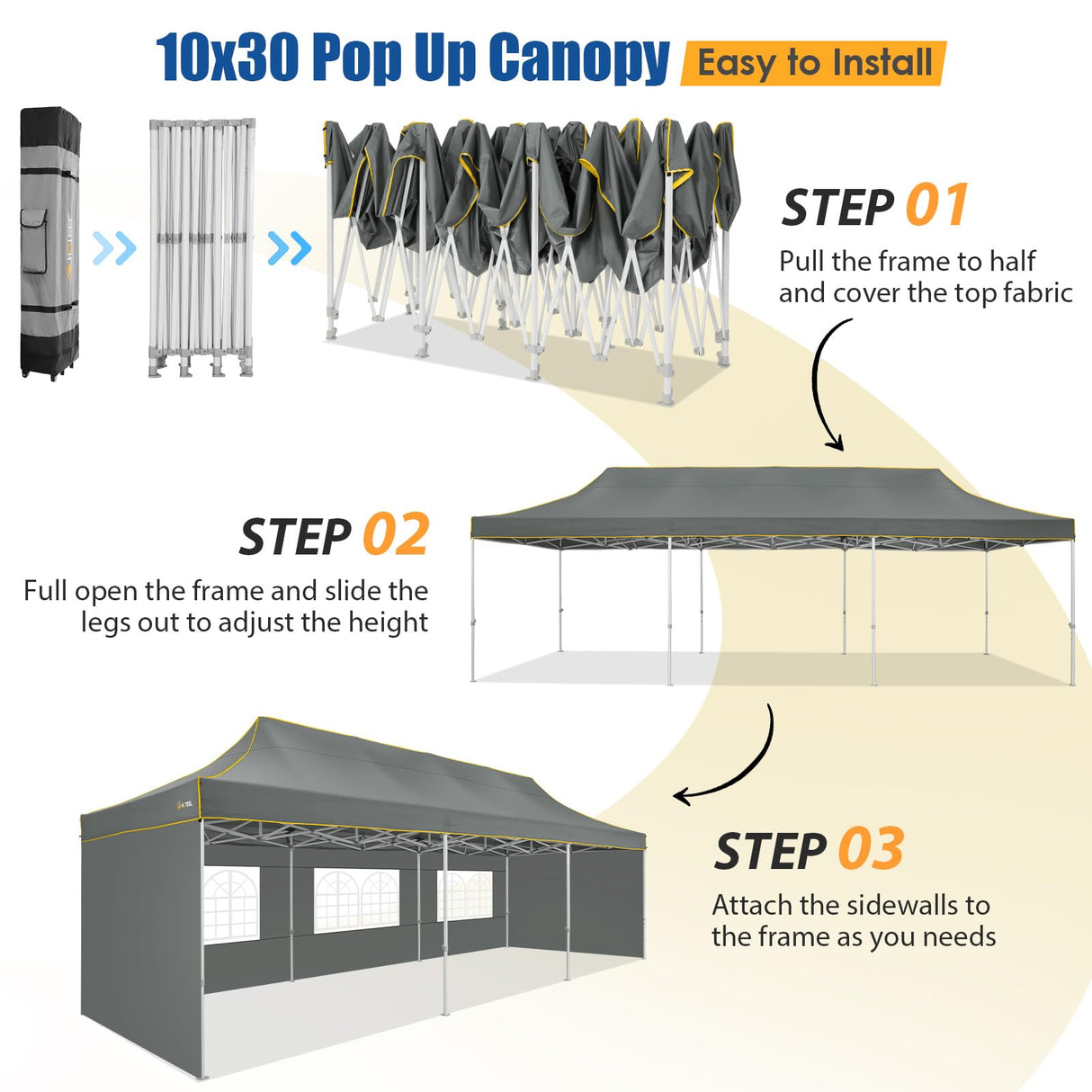 HOTEEL 10x30 Pop up Canopy Tent for Parties, Heavy Duty Easy Setup Tent with 5 Sidewalls, Outdoor Commercial Instant Gazebo for Wedding Event, with Roller Bag & Sand Bags, Grey(Hexagonal Frame) Hoteel