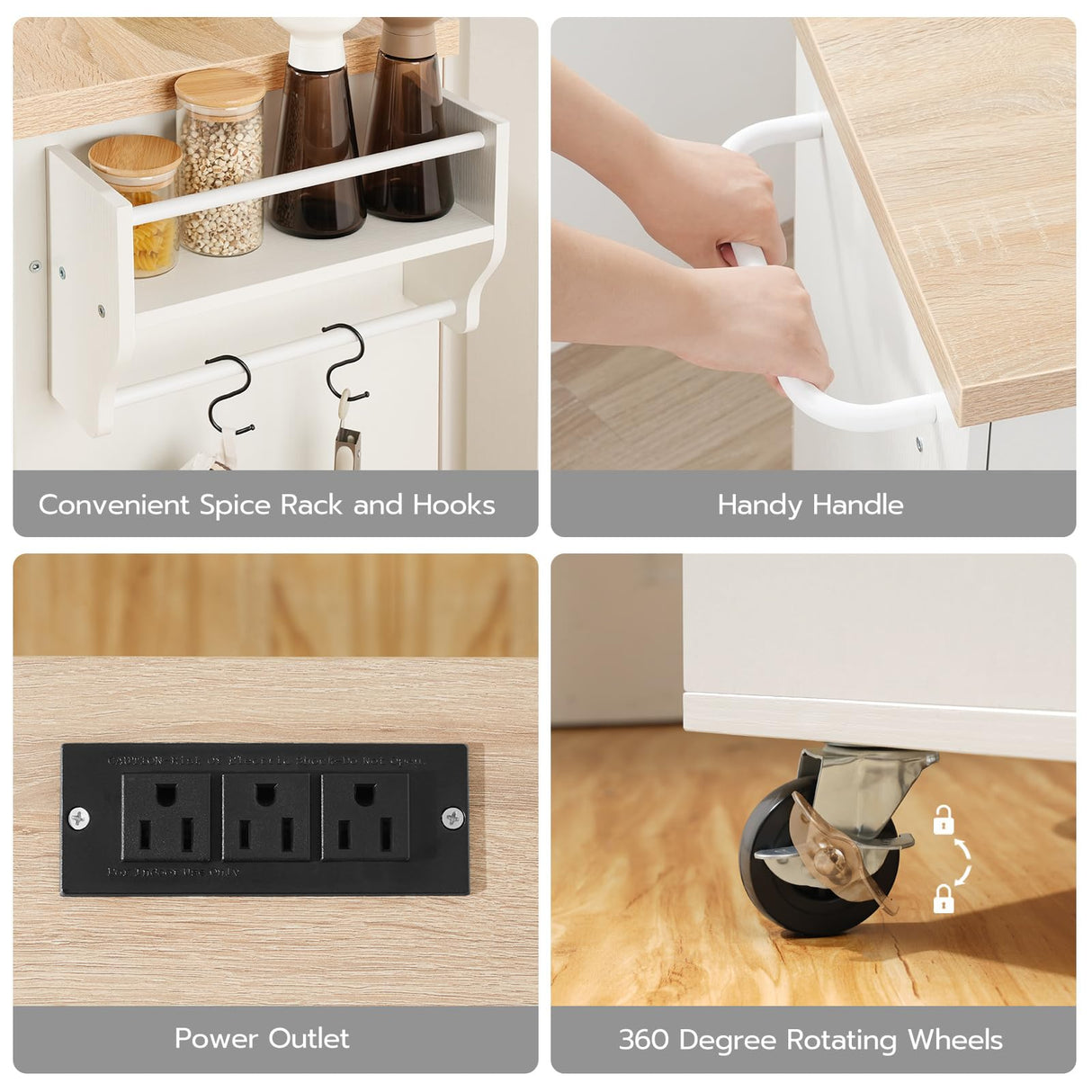 HOOBRO 43.3 Inch Kitchen Island with Charging Station, Rolling Kitchen Island with Storage, Kitchen Island Cart with Spice Rack and Hooks, for Kitchen, Living Room, White and Natural WN11UZD01 HOOBRO