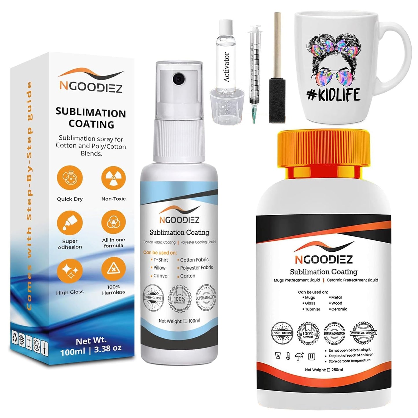 NGOODIEZ Sublimation Coating Bundle - 100ml Sublimation Coating Spray + 250ml Sublimation Coating for Mugs and Hard Surfaces, High Gloss Finish, Quick Dry Formula, Super Adhesive