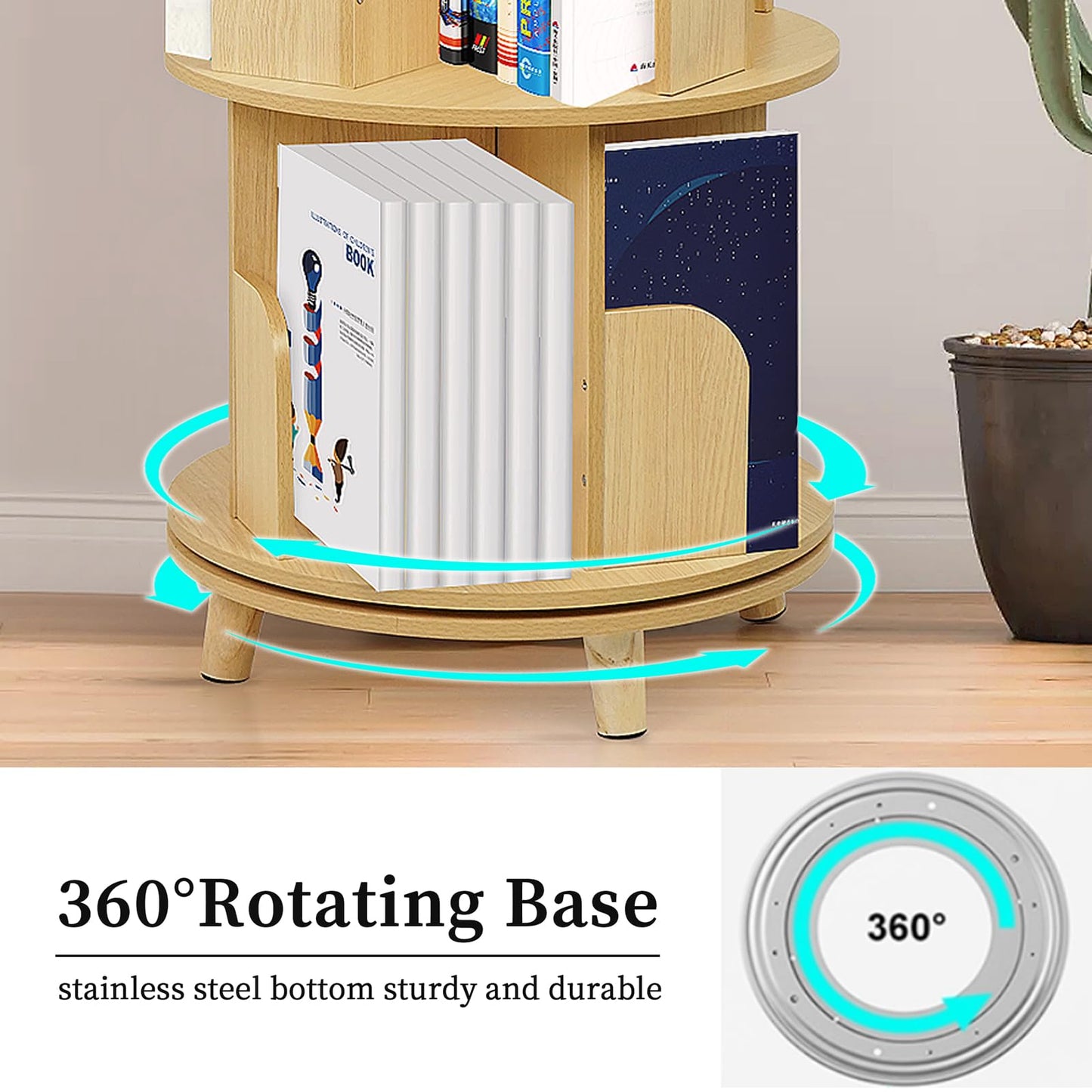 Ybaymy 4-Tier 360° Rotating Bookshelf Tower with Legs - Space-Saving Floor-Standing Wood Organizer for Living Room and Bedroom - WoodArtSupply