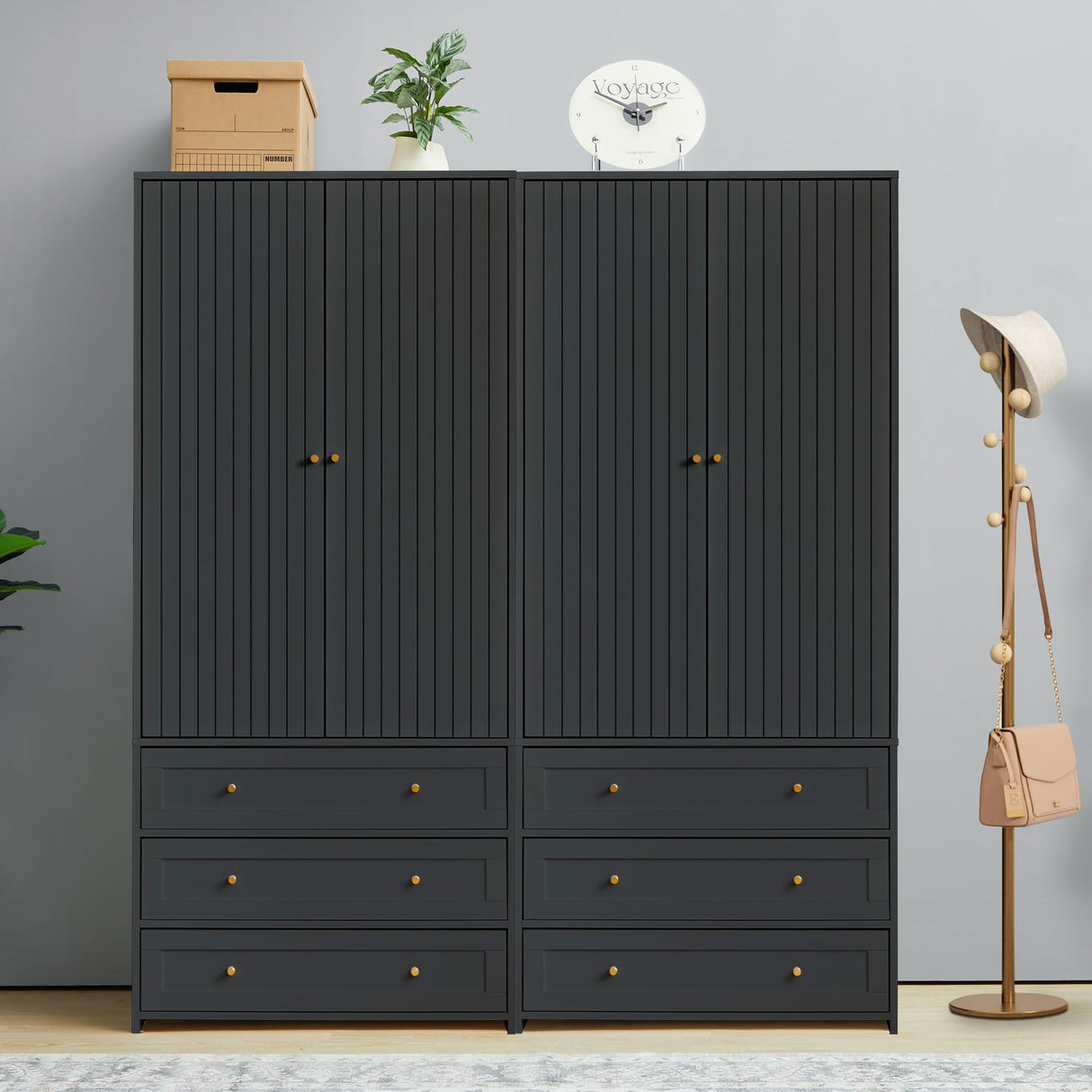 LEVNARY Wardrobe Armoire Closet, 2-Door Wardrobe Cabinet with 3-Drawer and Hanging Rod, Modern Bedroom Armoire Clothing Organizer Freestanding Closet (Black) LEVNARY