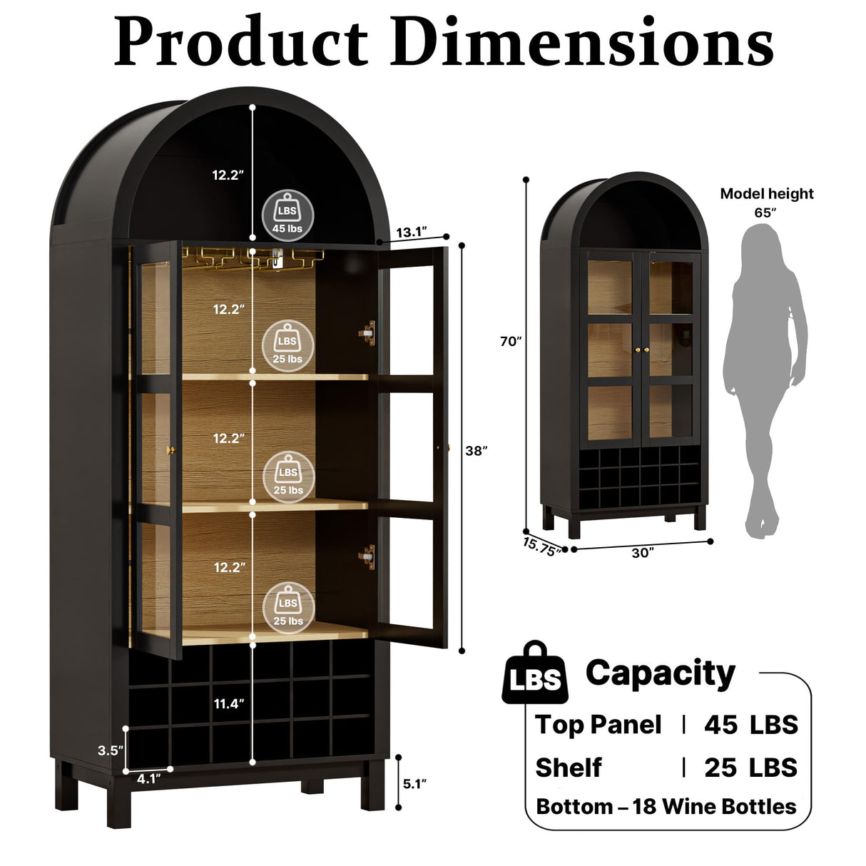 BREEZEHEAT 70" Tall Bar Cabinet, Arched Cabinet with Glass Doors, Farmhouse Whiskey Station with Wine Rack and Glasses Holder, Liquor Bar Cabinet for Home Kitchen Living Dining Room, Black BREEZEHEAT
