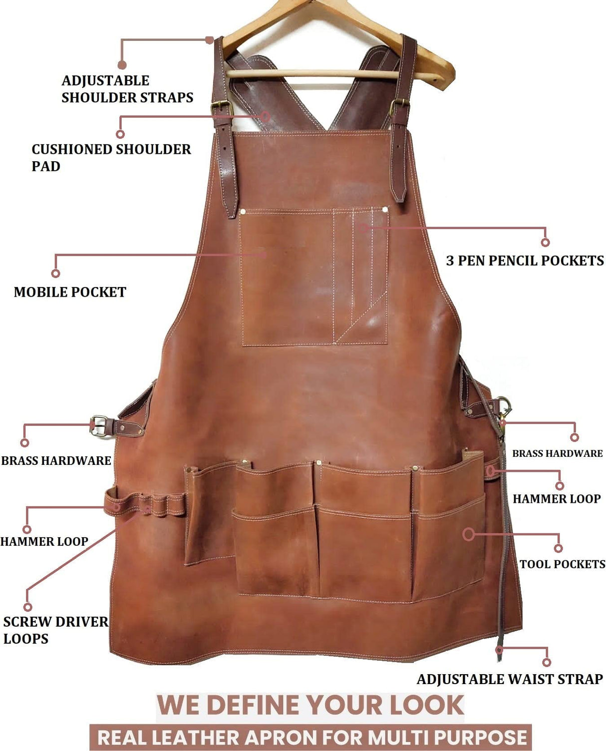 Leather Hubb 8-Pocket Leather Tool Apron Electrician Apron, Carpenter Apron, Tool Pouch, Apron for Welding, Blacksmith, Woodworking, BBQ Apron | Heat & Flame Resistant | Adjustable 33” to 54” Leather Hubb