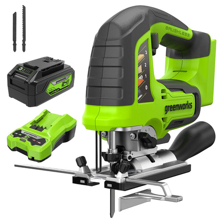 Greenworks 24V Jig Saw,Brushless 1 Inch Jigsaw,3000 SPM,45° Cutting Angle,4 settings Orbital Motion,24V Charger and 4Ah USB Battery Greenworks