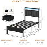 Furnulem Twin Bed Frames with Charging Station and LED Lights, Grey Upholstered Headboard with Shelves, Metal Platform Bed with 2 Under-Bed Storage (Fabric Drawer on Wheels), No Box Spring Needed Furnulem