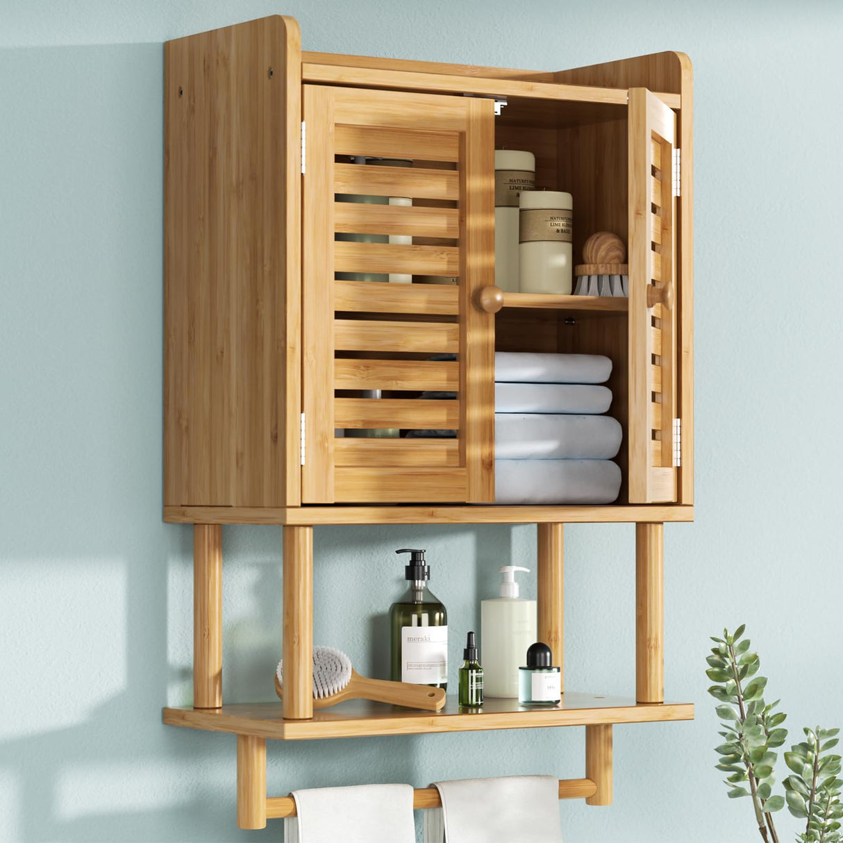 AmazerBath Bathroom Wall Cabinets, Bamboo Medicine Cabinets with Towel Bar, Wall Mounted Storage Cabinet with Adjustable Shelves, 2 Doors Over The Toilet Storage for Small Spaces,8.3x16.5x26.6 Inches AmazerBath