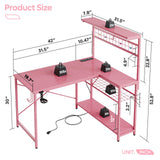 Bestier 42 L Gaming Desk,Computer Desk with Power Outlets, LED Lights, Reversible Corner Desk with 4-Tier Shelves,Cup Holder & Hook Carbon Fiber Pink Bestier