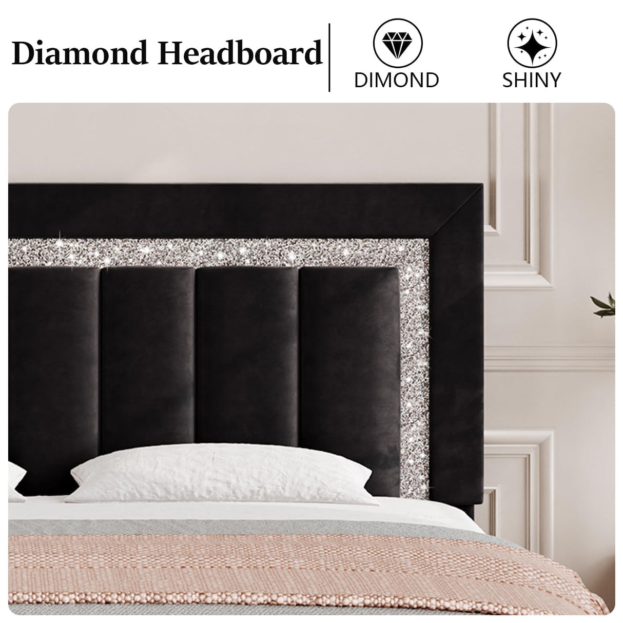 HOMBCK Queen Bed Frame, Upholstered Bed Frame with Diamond Headboard and Footboard, Black Queen Bed Frame with Velvet Vertical Channel Tufted Headboard, No Box Spring Needed, Easy Assembly, Black HOMBCK
