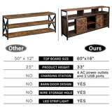 TC-HOMENY Brown TV Stand for 65 inch TV, Mid Century Modern Style, Sliding Barn Door, Adjustable Shelves, Built-in Charging Station and LED Light Strip, 33" High TC-HOMENY