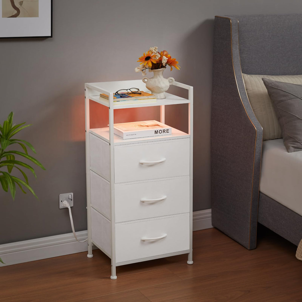 Somdot White Nightstand with Charging Station and LED Light for Bedroom, Tall 3 Drawers Dresser with Fabric Bins for Bedside Kids Dorm Room Closet Laundry Entryway, White Leather Somdot